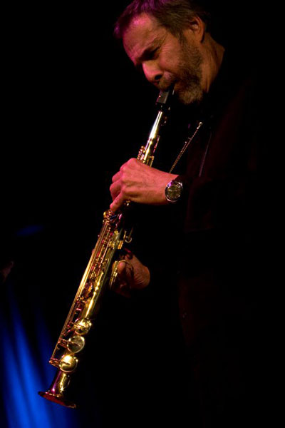 Cloudfire: Harrison playing soprano sax, Gualala Arts Center, June, 2011
