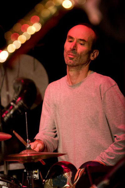 Cloudfire: Leon playing drum kit, Gualala Arts Center, June, 2011